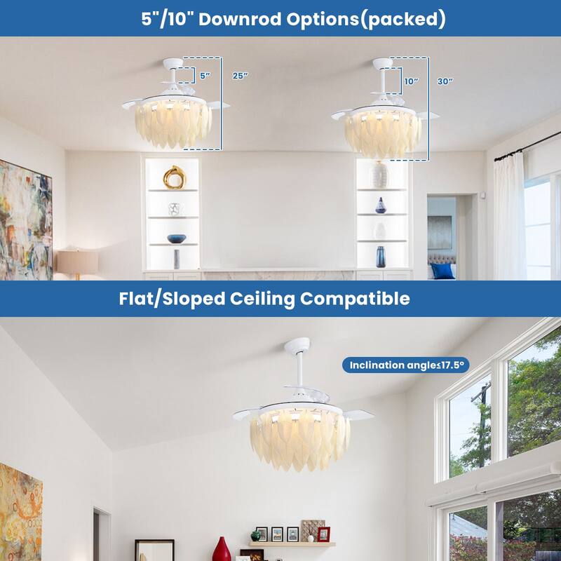 42" Smart Retractable White Ceiling Fan Light with Remote and APP Control