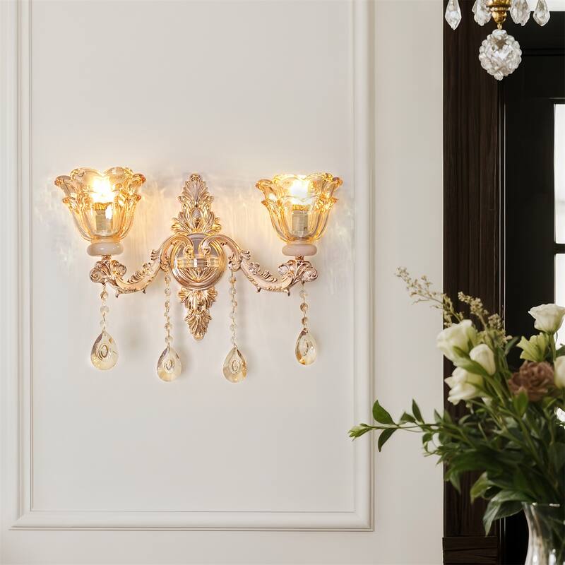 Antique Gold Crystal Wall Sconce Glass Flower Lampshade with Beveled Clear Crystals