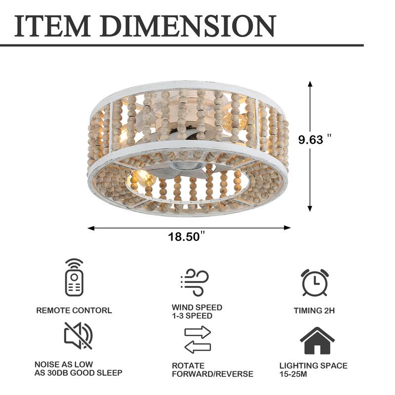 18" Oaks Aura Boho Farmhouse Flush Mount Ceiling Fan with Lights and Remote, Distressed White Wood Beaded, 4-Light, 3-Speed