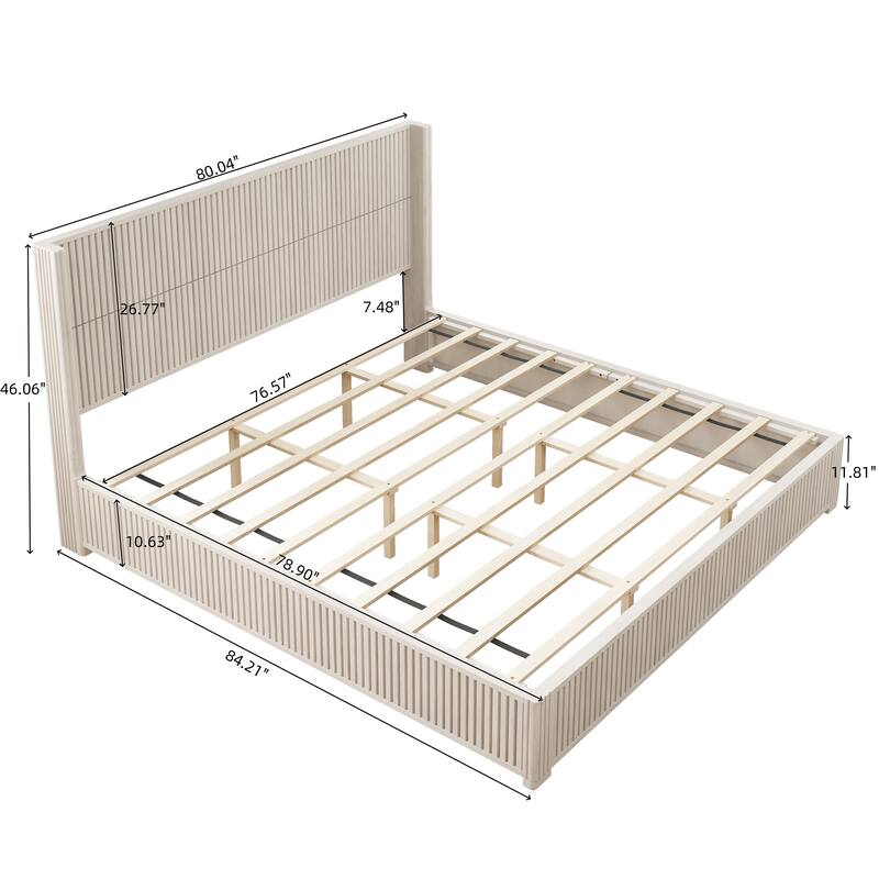GDFStudio - Modern Solid Wood Low-Profile Platform Bed Frame with Fluted Headboard, Heavy-Duty Support & No Box Spring Needed