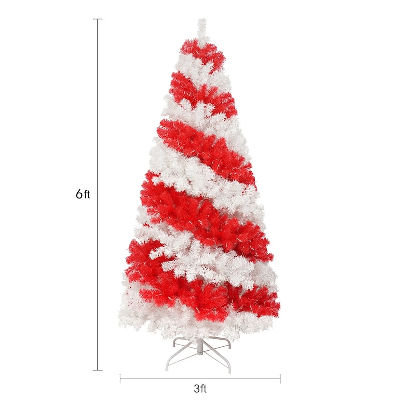6FT Pre-Lit Candy Cane Artificial Christmas Tree with 300 LED Lights and 900 PVC Tips, Hinged Holiday Decoration