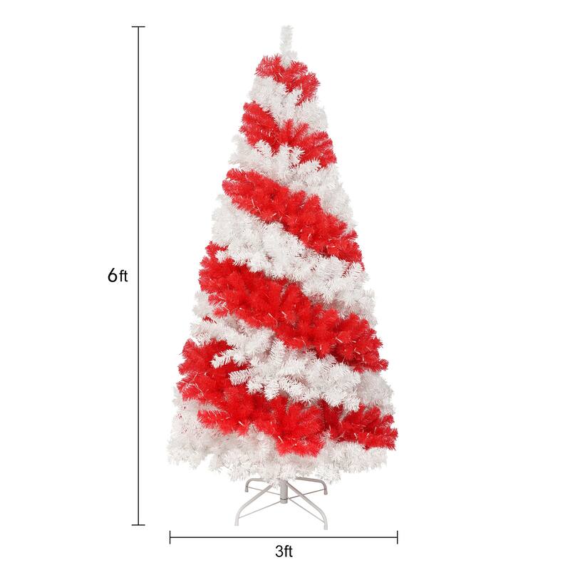 Roomfitters 6FT Artificial Christmas Tree with 900 Branches, Candy Cane Style Xmas Tree Holiday Decoration, Red+White