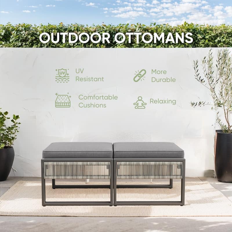 2 Pieces Outdoor Patio Ottoman, All Weather Rattan