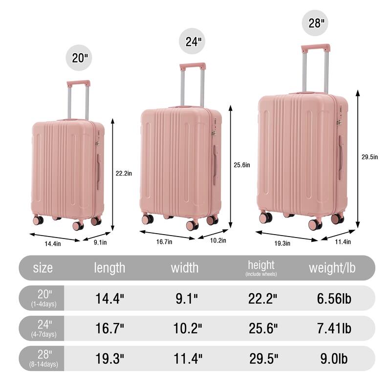 3 PCS in ABS Spinner Wheel Luggage, Carry on Suitcase, TSA Combination Lock
