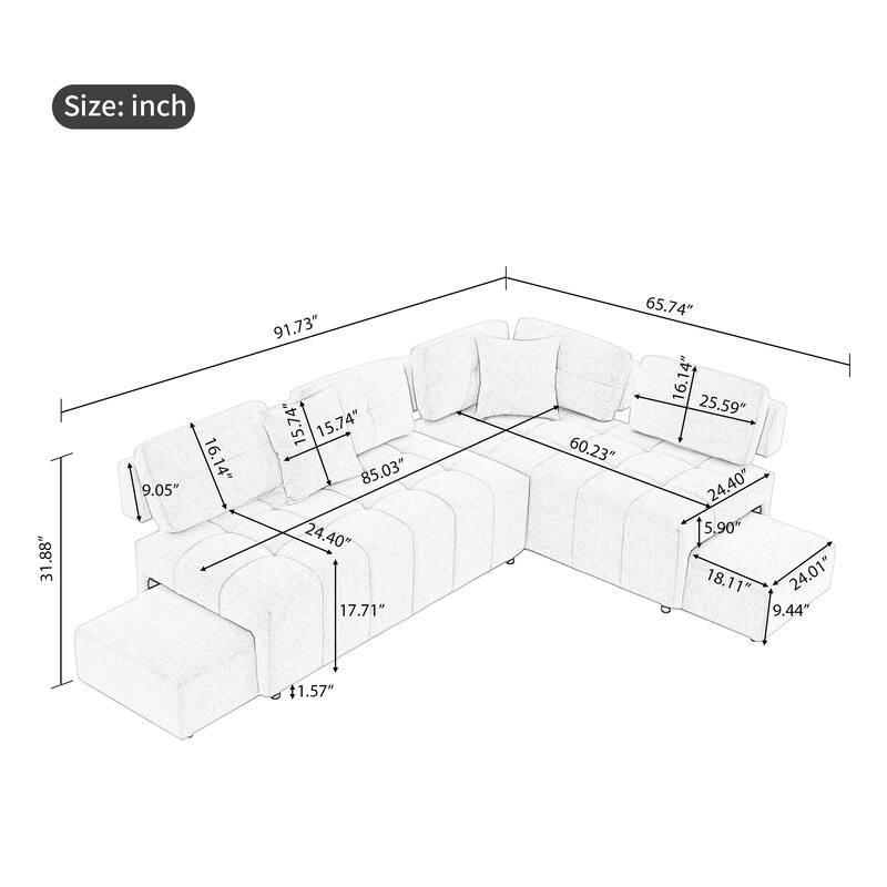 91.73" L-Shaped 4-Seat Sectional Sofa with 2 Hidden Stools, 2 Removable Lumbar Cushions, and Durable Chenille Fabric