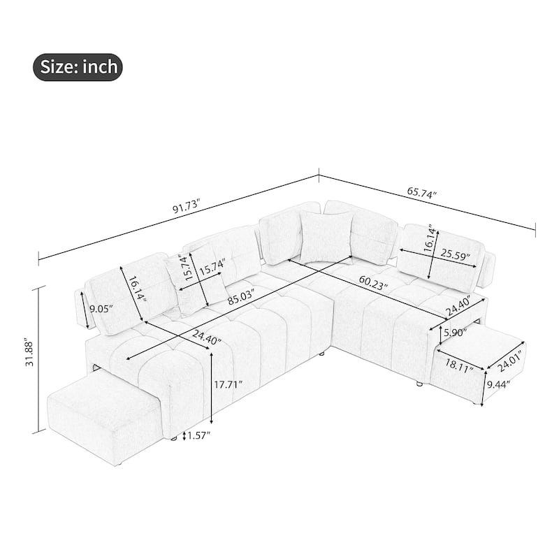 Grey 91.73" L-Shaped 4 Seater Sectional Sofa with 2 Hidden Stools, 2 Removable Lumbar Pillows, and Durable Chenille Upholstery