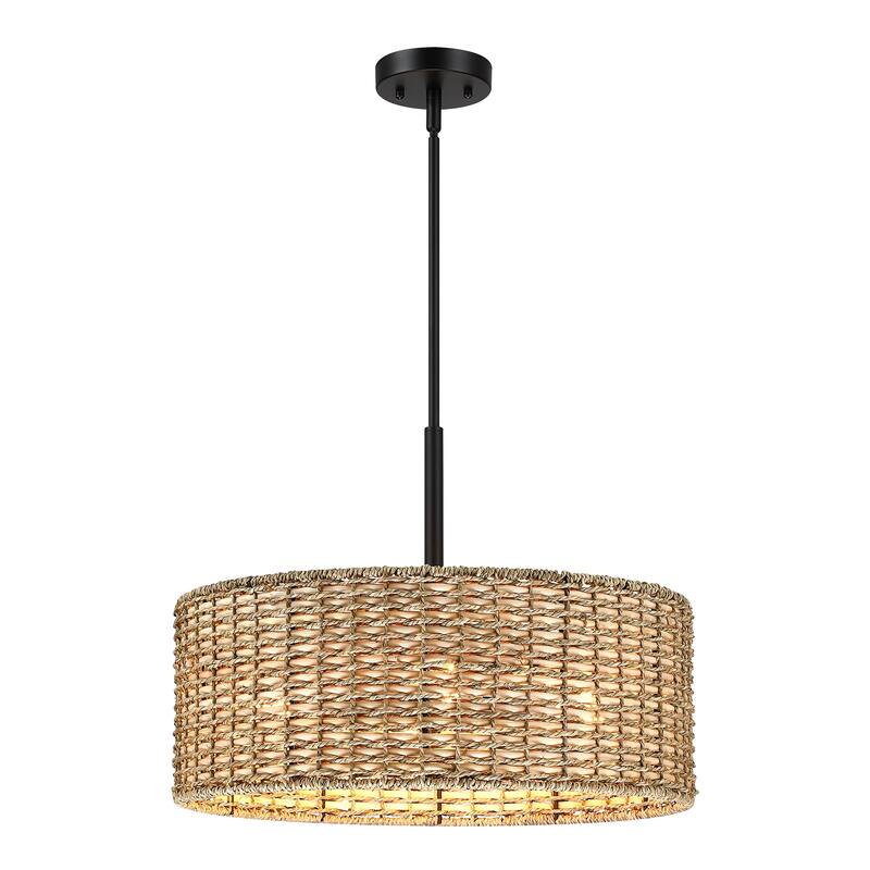 Lennie 4-Light Rattan Drum Chandelier with Black Canopy - 20'' W