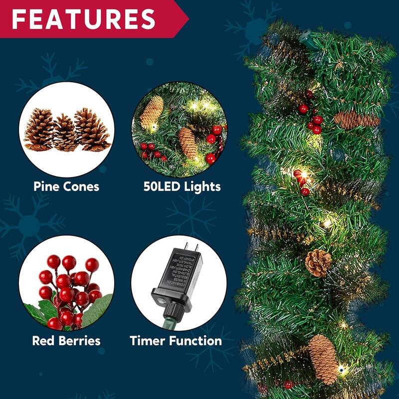 9 ft. Tall Green Plastic Prelit Christmas Garland with 50 LED Lights, Bristle, Pine Cones and Red Berries