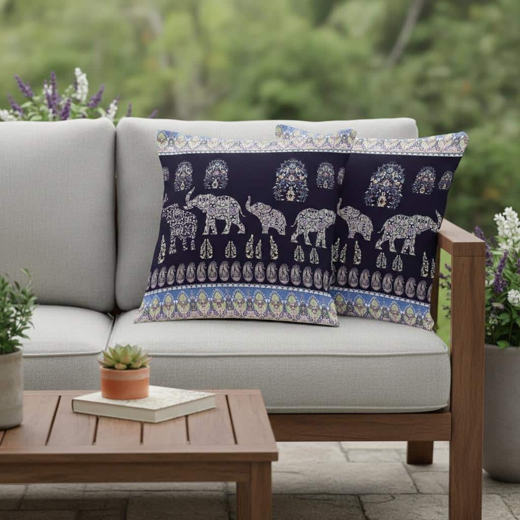 HomeRoots Set of Two 16" X 16" Blue and Purple Elephant Blown Seam Paisley Indoor Outdoor Throw Pillow