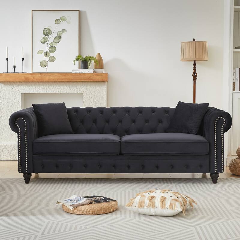 Button Tufted Design Velvet Straight Row Sofa with Nailheads Accent - Black