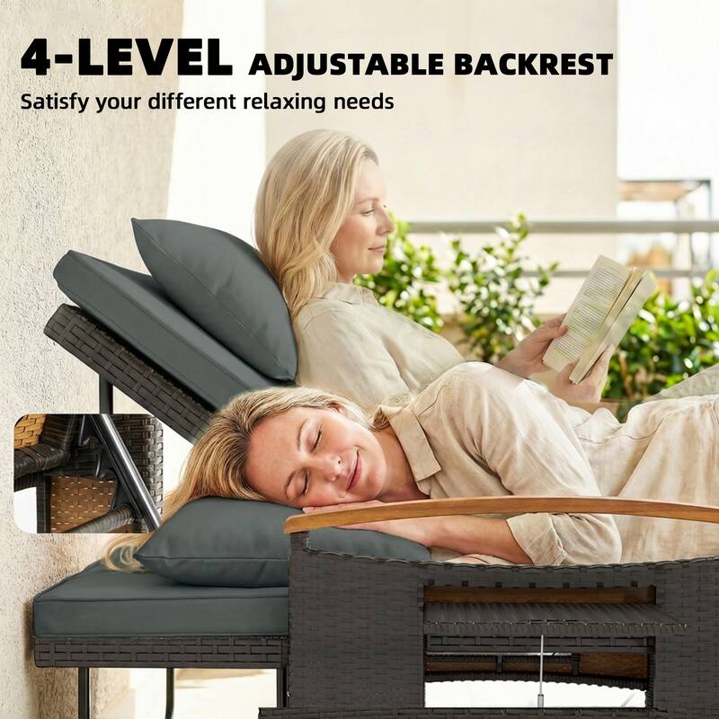 Outsunny Rattan Outdoor Daybed w/4-Level Adjustable Backrest, Patio Sofa Bed w/Loveseat, Storage Ottoman, Acacia Wood Armrest