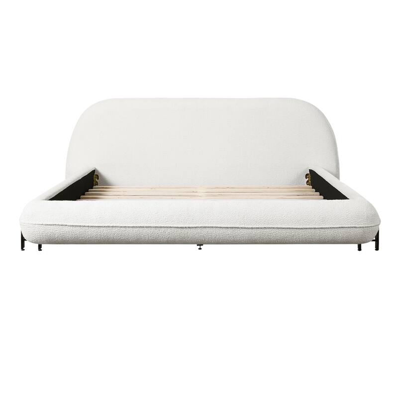 Upholstered Bed Ground Bed with Curved Headboard White Boucle