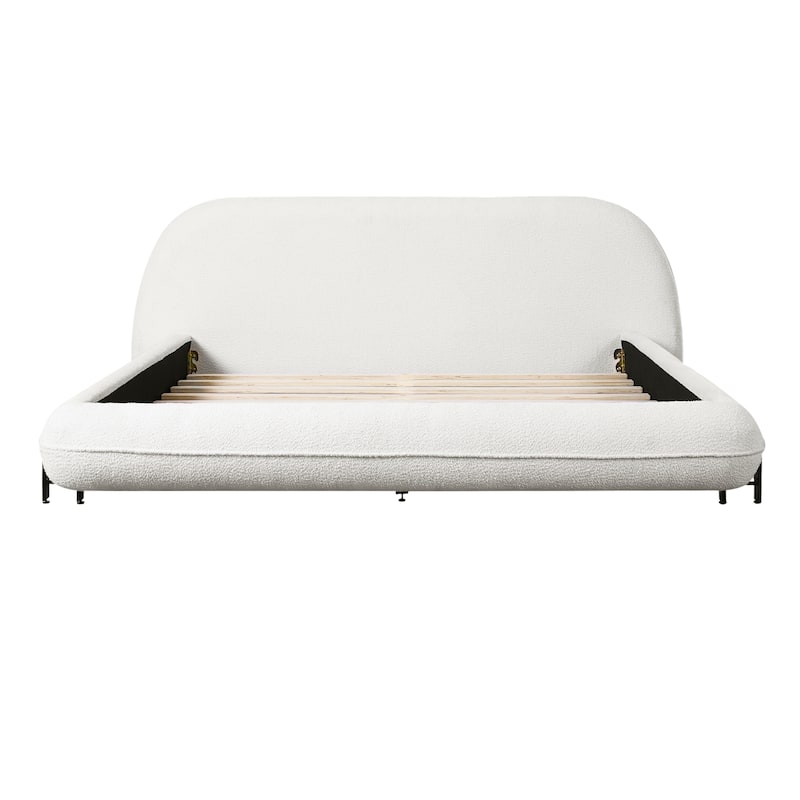 White Queen Size Upholstered Bed Frame with Boucle Fabric and Sturdy Steel Legs