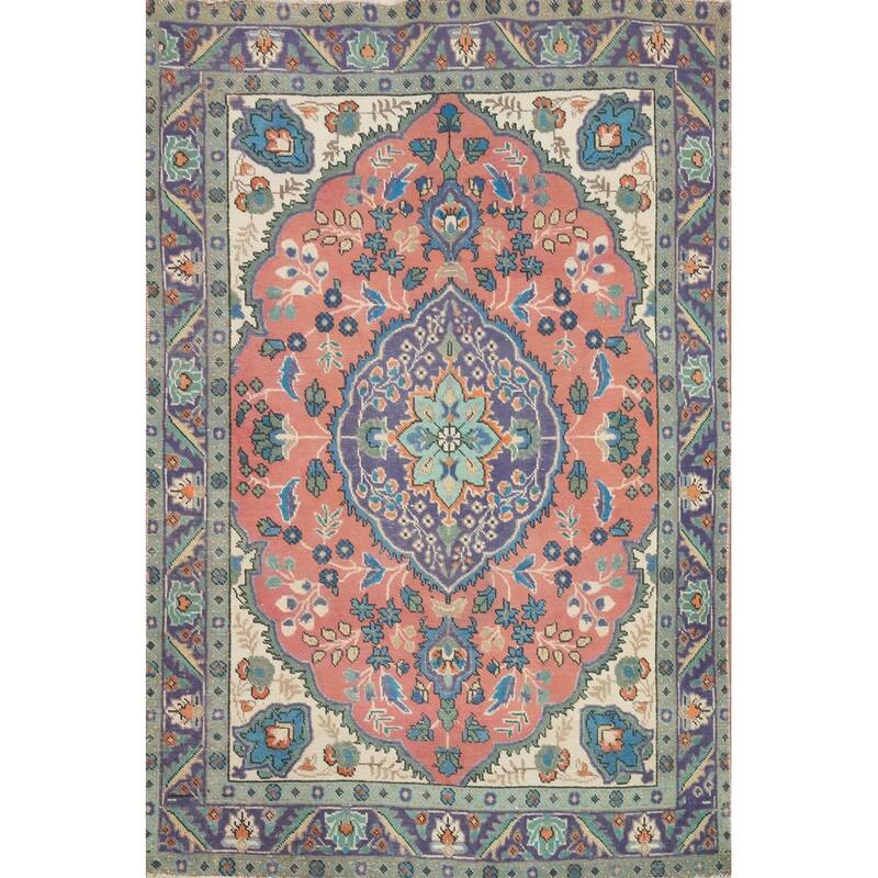 Hand Knotted Oriental 100% Wool Carpet Traditional Floral Pink Tabriz Area Rug - 6' 1'' X 4' 5''
