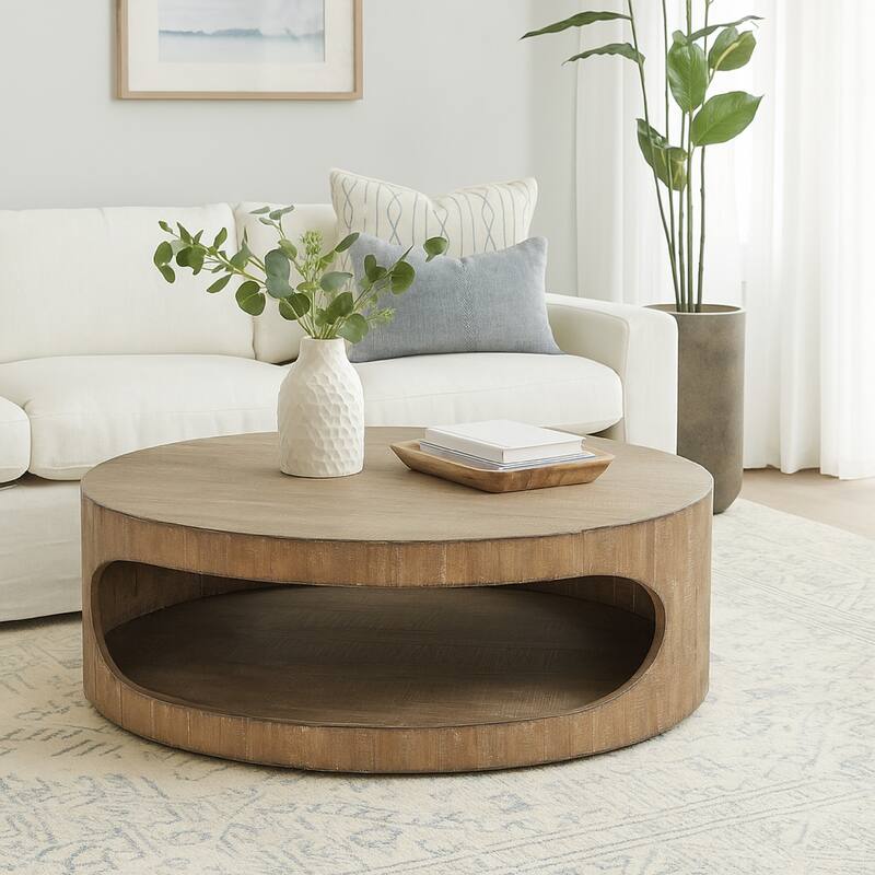 Roki Coffee Table w Shelf, 55 Inch Natural Brown Pine Wood Oval Top