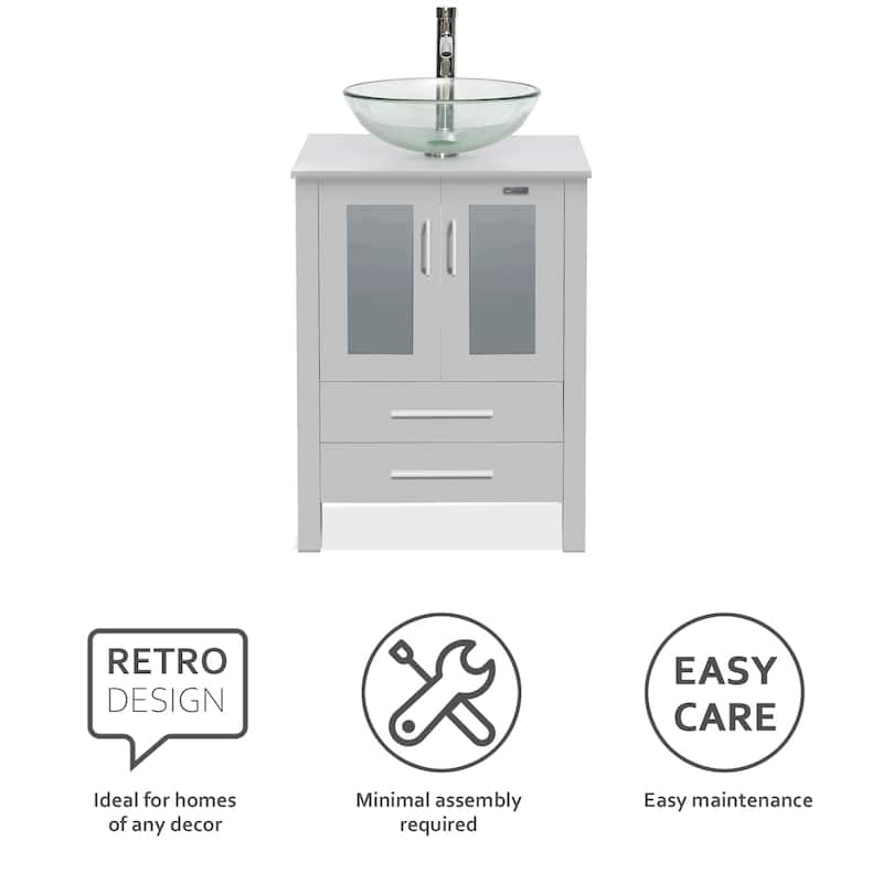 Eclife 24" Bathroom Vanity Gray Set Glass/ Ceramic Vessel Sink Cabinet Faucet Drain Combo Free Standing