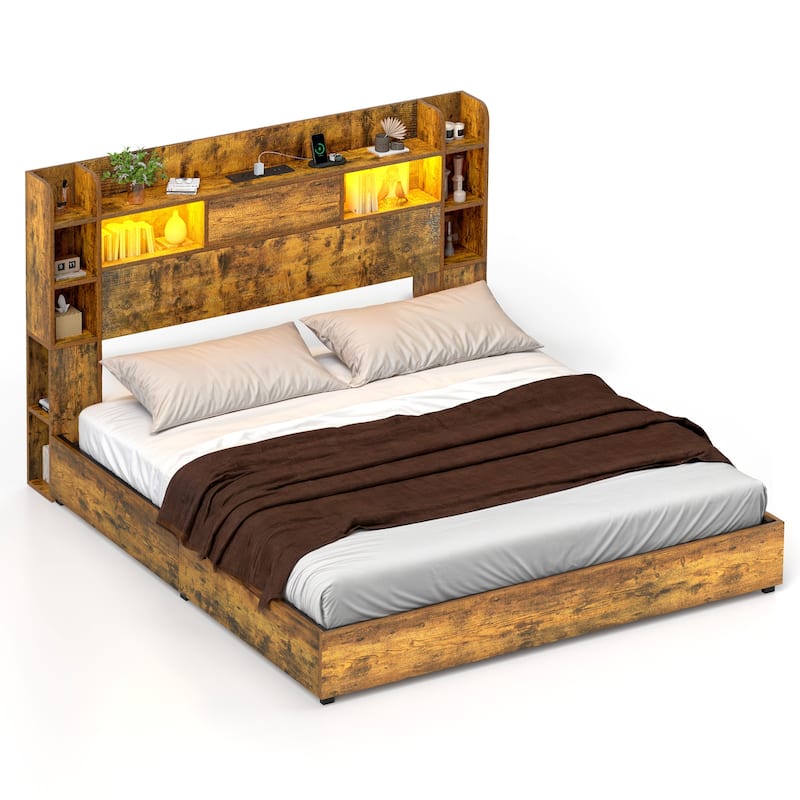 Moasis LED Bed Frame with Bookcase Headboard, 4 Storage Drawers and Type-C USB Charging Station