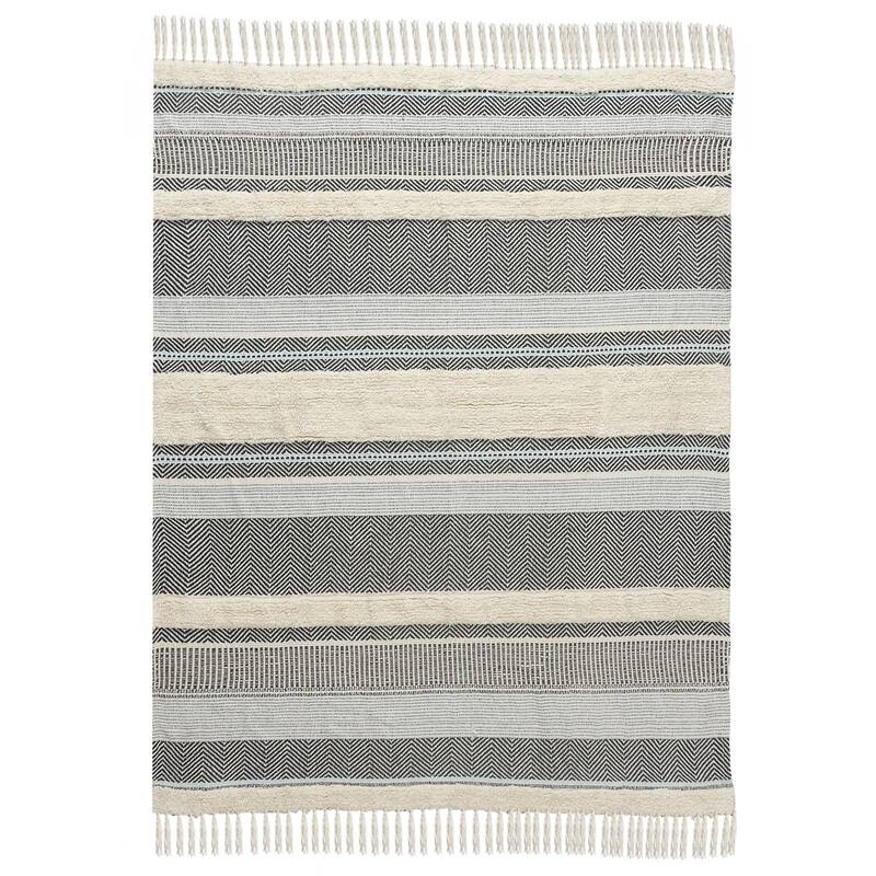 60" X 50" Cream Woven Cotton Herringbone Throw Blanket with Fringe