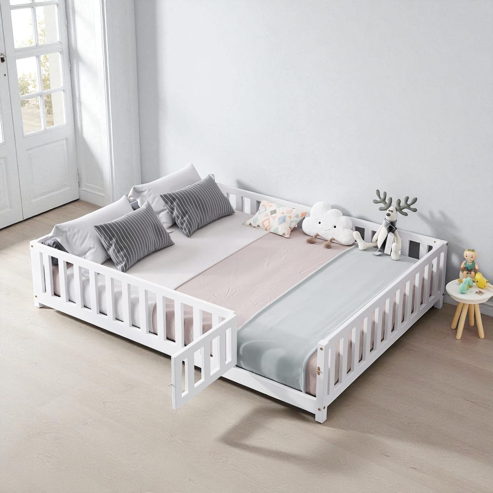 Full Size Montessori Floor Bed with Fence and Door, Solid Wood Platform Bed with Slats for Kids and Toddlers