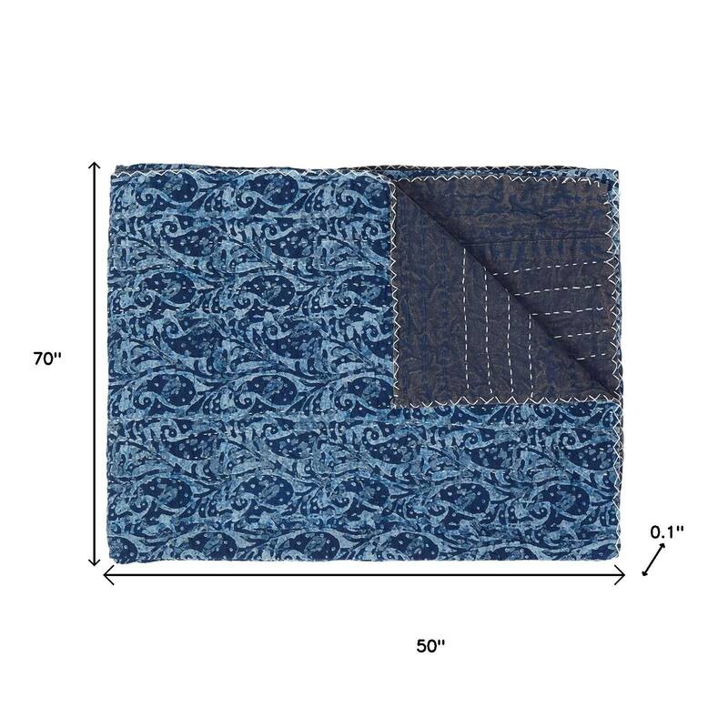 HomeRoots 50" X 70" Blue Paisley Cotton Quilted Kantha Throw Blanket with Embroidery