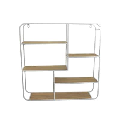 Decorative Wall Shelf with 6 Staggered Wood Racks, White Metal 24 Inch