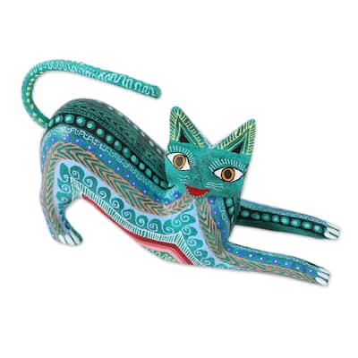 Novica Handmade Cat Stretch Wood Alebrije Figurine - 3.9" H x 5.25" W x 1.5" D