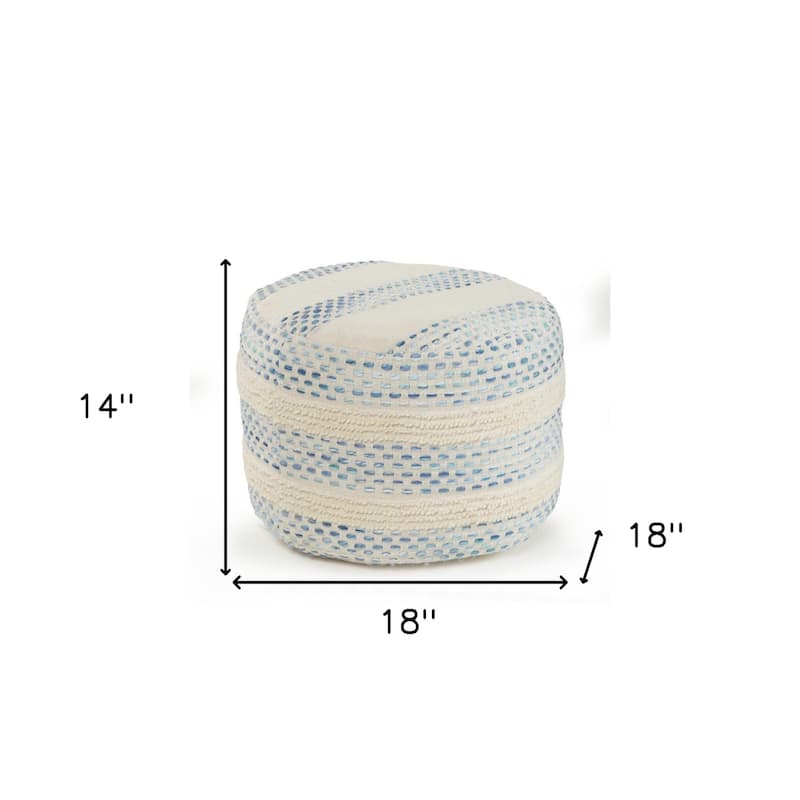 18" Soft Upholstered Striped Pouf Ottoman Blue Cotton Blend Accent for Living Room Decor