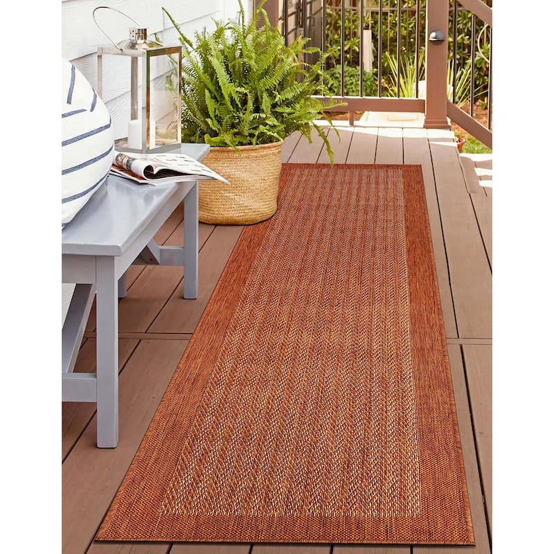 World Rug Gallery Contemporary Bordered Weather Resistant Reversible Indoor/Outdoor Area Rug - 2' x 7' - Rust