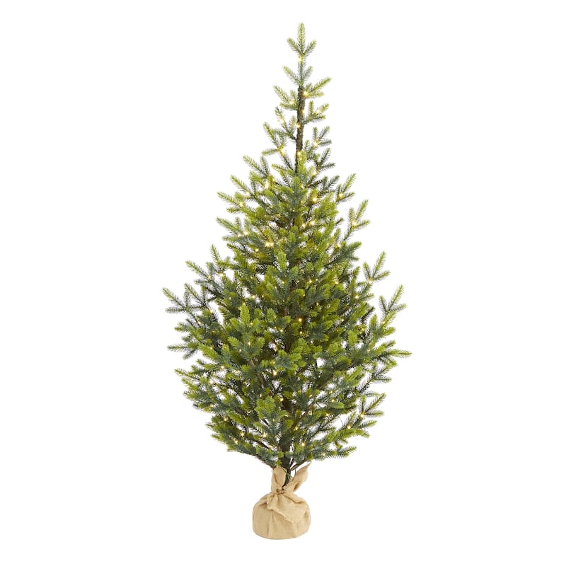 Pre-lit Medium Fraser Fir Artificial Christmas Tree with Burlap Base - 5’ - Clear LED Lights - 5 Foot