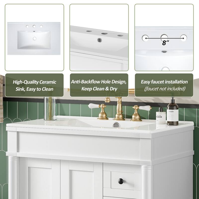 30" Bathroom Vanity with Ceramic Sink Bathroom Storage Cabinet with 3 Drawers and U-Shaped Adjustable Shelf