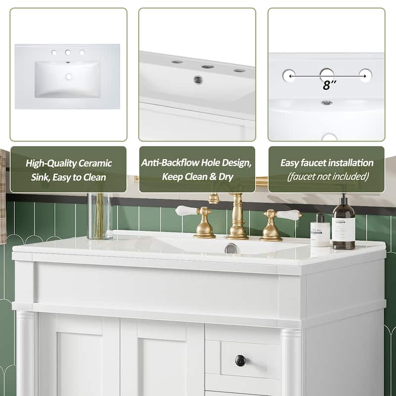 30-Inch Modern Bathroom Vanity with Ceramic Sink, Soft-Close Doors & Drawers, U-Shaped Adjustable Shelf, and Zinc Alloy Handles