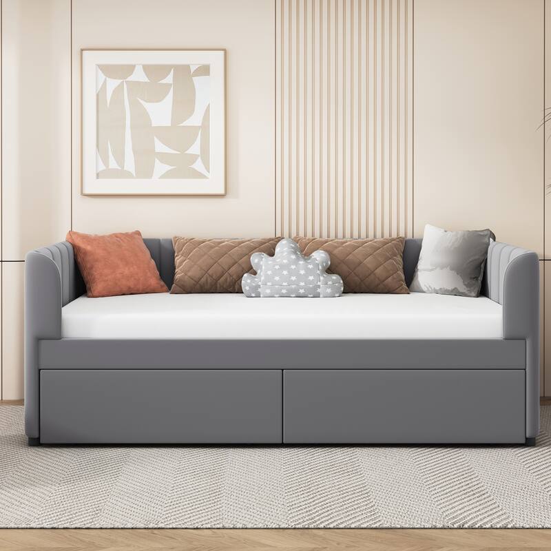 Twin Upholstered Daybed with Stripe Headboard, Ergonomic Backrest, and 2 Drawers for Storage, Ideal for Small Spaces