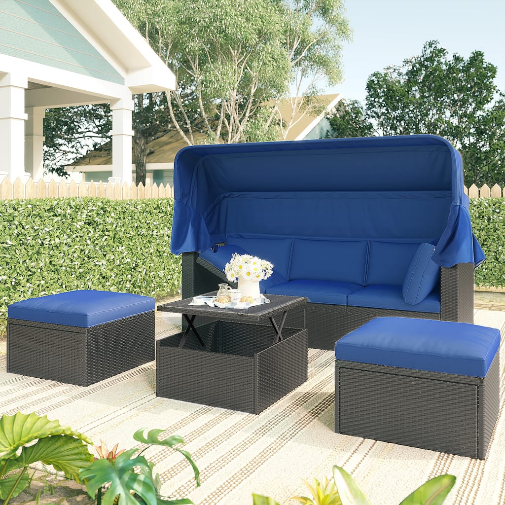 Patio Daybed wRetractable Canopy Bed Sectional Seating Set w2 Ottomans