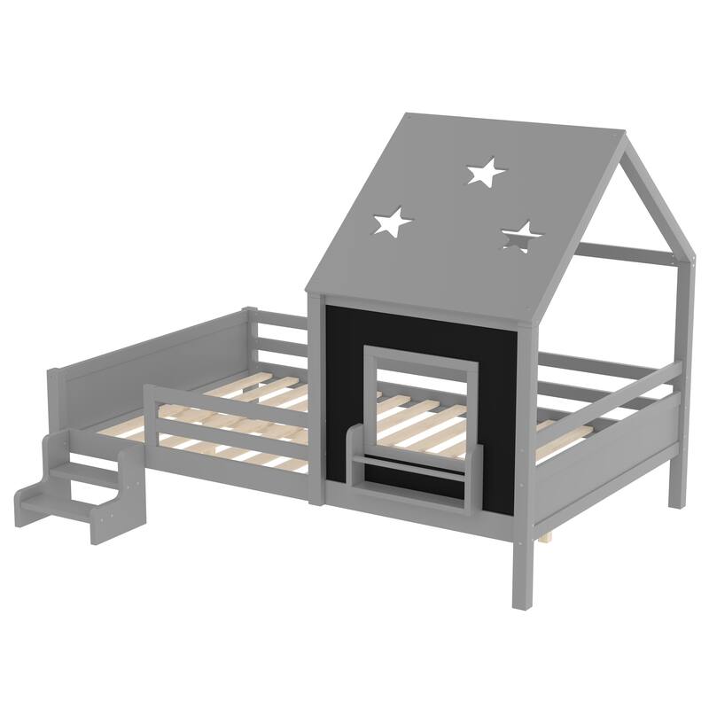 Roomfitters House Floor Bed with Bookcase and Blackboard, Solid Wood Frame with Low Stairs