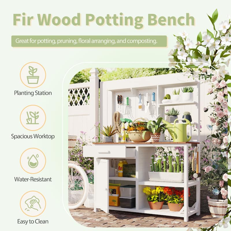 Roomfitters Fir Wood Potting Bench with Hutch, 4 Shelves, storage units, Cabinet & Pegboard Hooks, Outdoor Garden Work Table