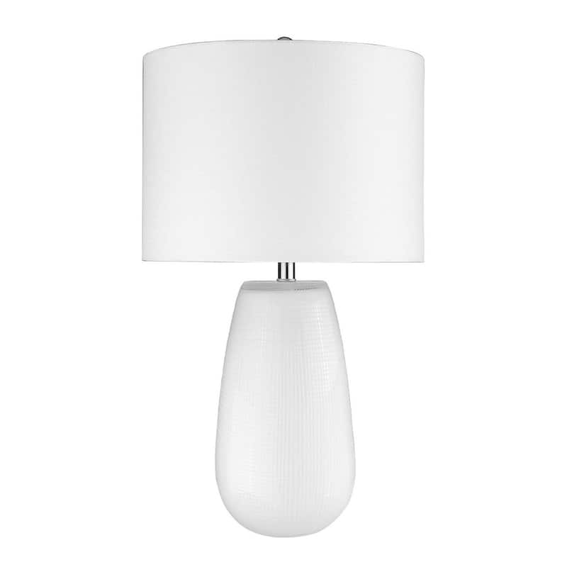 28 Inch White Glass Table Lamp with Fabric Drum Shade for Living Room - 16” x 16” x 28”