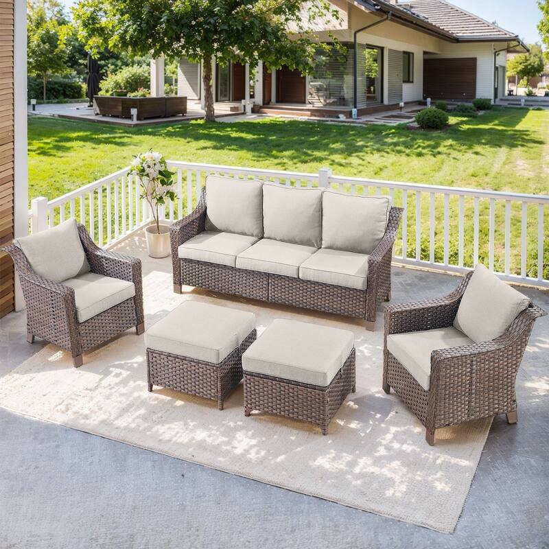 Outside Patio Sofa Chair with Cushions - Brwon Wicker Beige Cushion - 5PCS Sofa Patio Chair with Ottoman