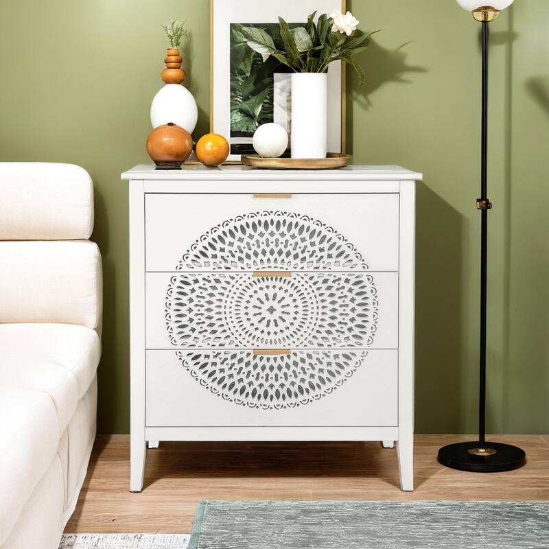 3 Drawer Cabinet with Hollow-Carved 3 Drawer Dresser Storage Chest with Metal Handles For Entryway Living Room Bedroom - Beige
