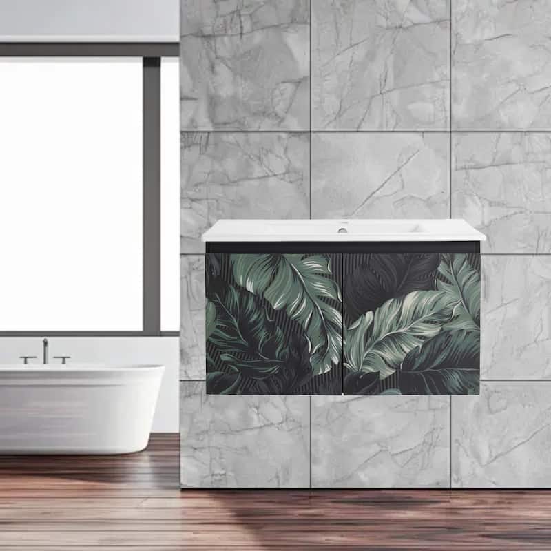 Modern 30'' Wall-Mounted Vanity with Ceramic Sink & Triple Soft-Close Cabinet Doors - Sinomenium
