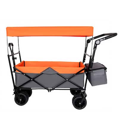 With Push Handle, 480Lbs Collapsible Wagon with Canopy, Wagon cart with 7" All-Terrain Wheels, Lightweight Foldable Wagon