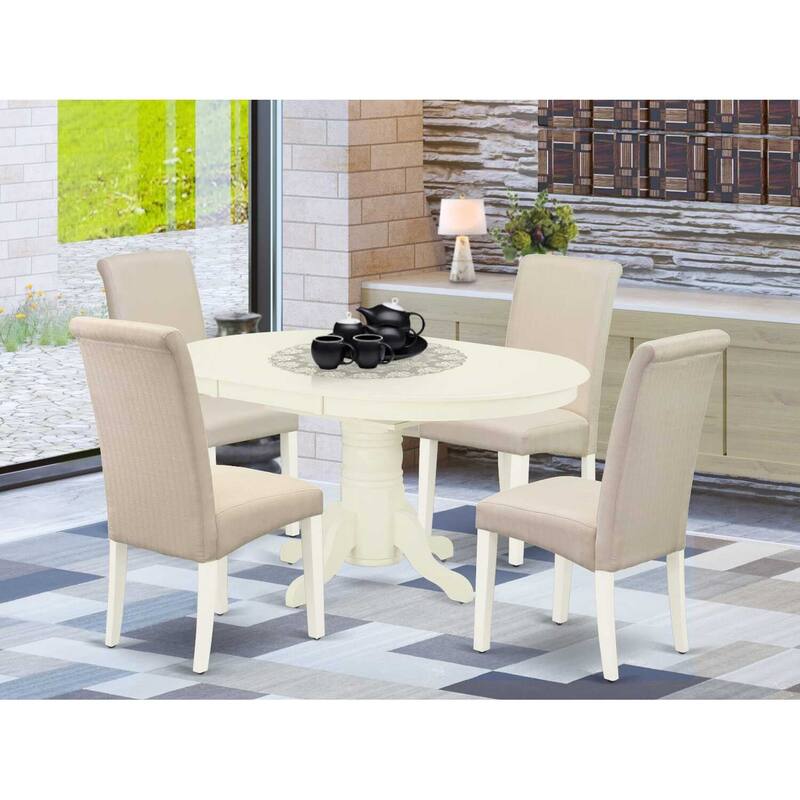 HomeStock 5-Piece Oval Linen White Finish Solid Wood Top Dining Table with 4 Parson Chair with Butterfly Leaf Lattice Back