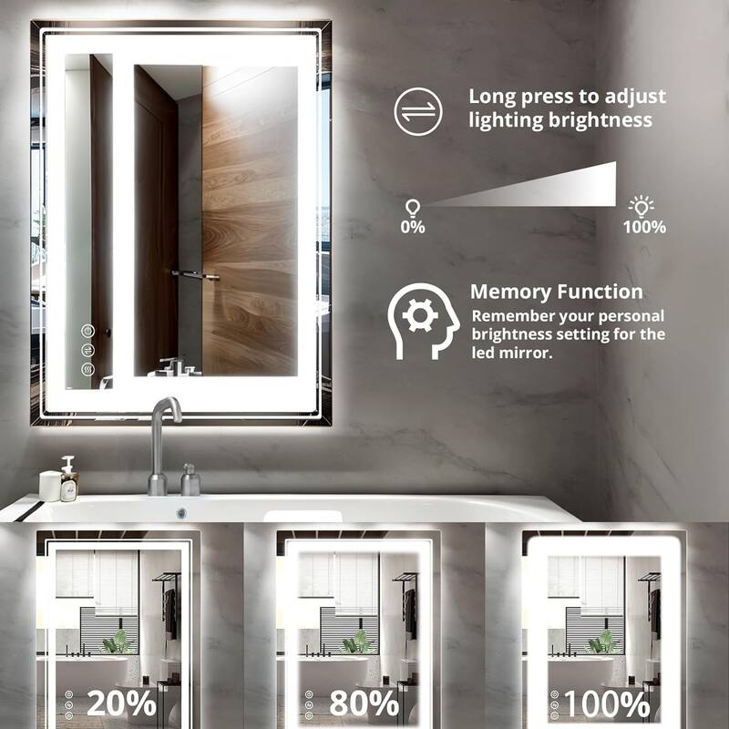 Bathroom Mirror with Lights 36x28 Inch Anti-Fog Shatter-Proof Wall-Mounted Vanity Mirrors with Frontlit & Backlit - 28x36