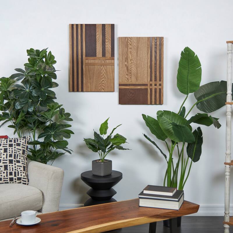 Brown Wooden Handmade Carved Two-Toned Geometric Home Wall Decor (Set of 2)