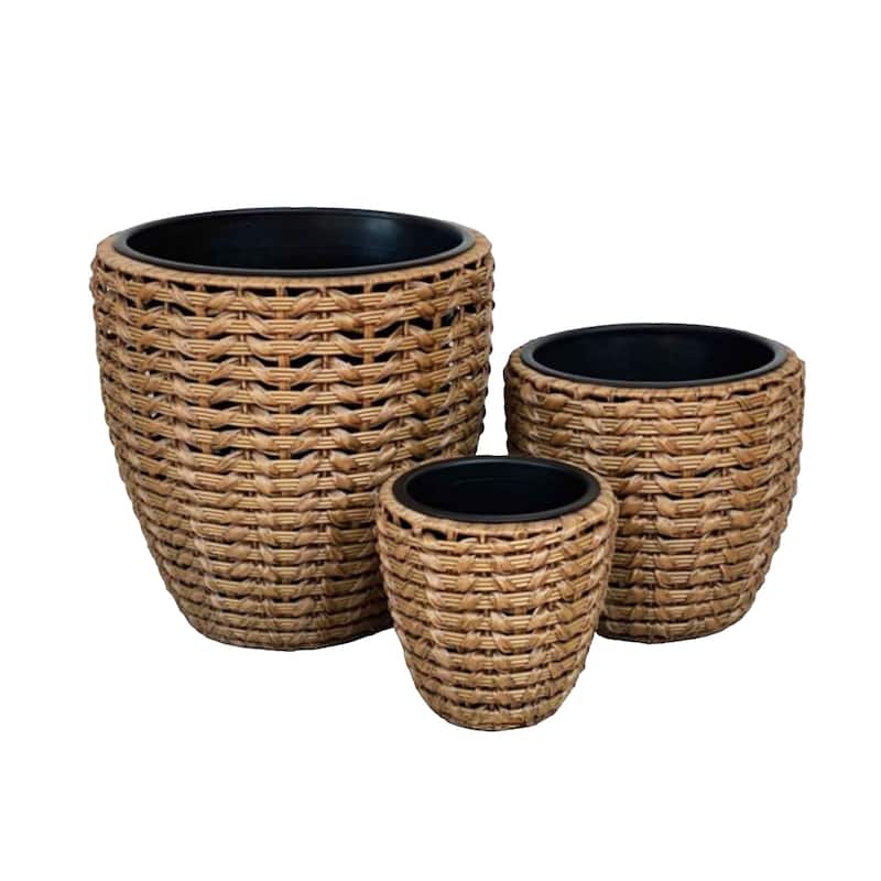 Alpine Corporation VTAHK130A-BR Poly Rattan Planter Set of 3 with Removable Inserts, Outdoor Decorative Pots, Brown