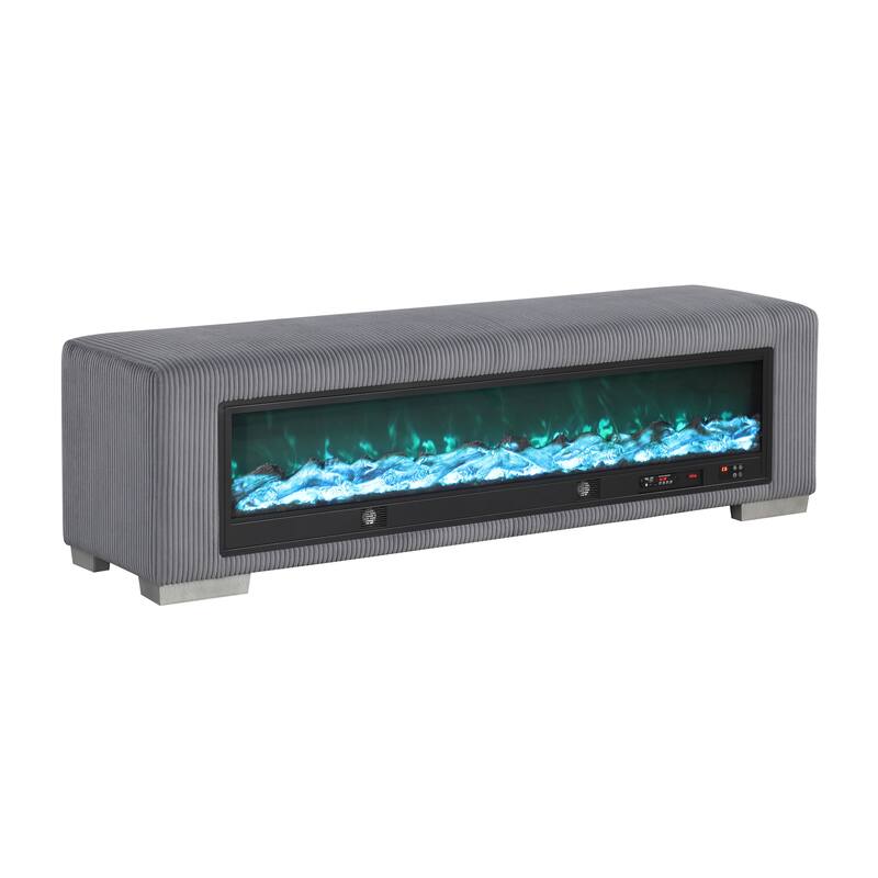 Furniture of America Goffney Chenille Bench with Fireplace Simulator and Bluetooth Audio