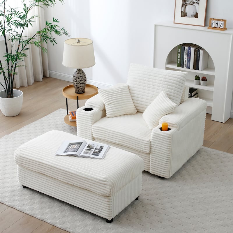 Oversize Accent Chair with Storage Ottoman,Corduroy Fabric Single Sofa,Deep Seat Lounge Armchair with Extra Wide Armrests
