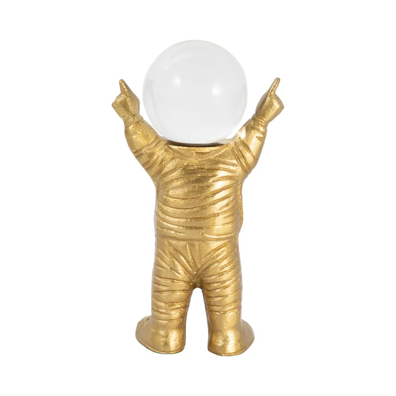 Sagebrook Home Metal 10" Astronaut with Crystal Orb Head Sculpture, Gold and Clear - 5" x 3" x 10"