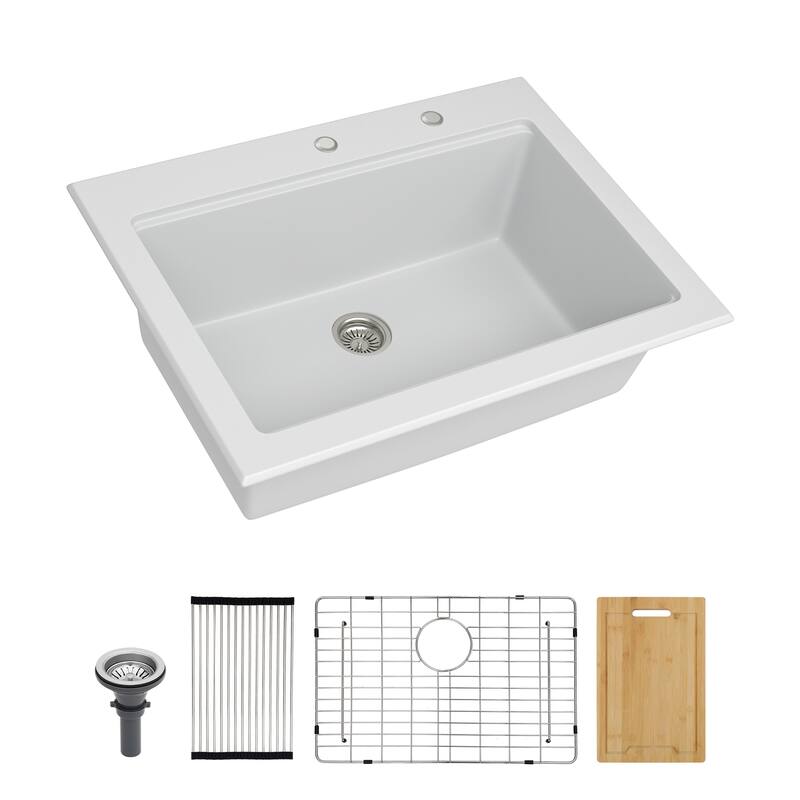 30" Drop-In Single Bowl Quartz Kitchen Sink with Pull-Out Faucet in White - 30'' x 22'' x 10''