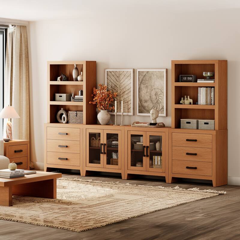 WAMPAT Farmhouse Entertainment Center with Bookshelves, Modular TV Stand with Drawers & Glass Doors - 126"W x 72.2"H x 15.4"D