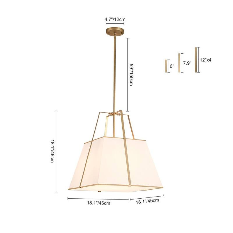 Mid-Century 4-Light Square White Fabric Cage Pendant Chandelier